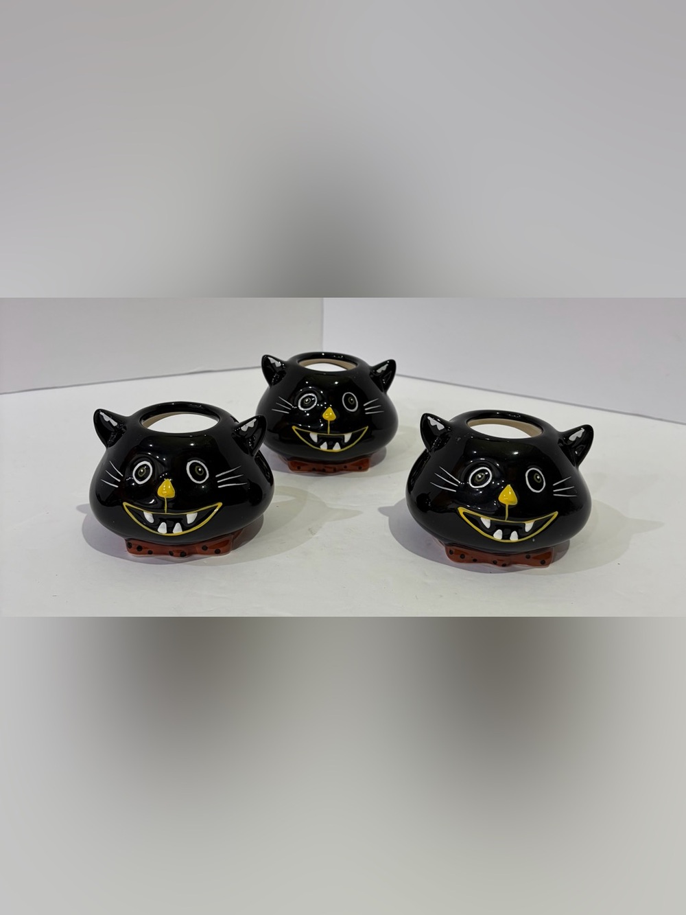 Mid Century Style Spooky Ceramic Cat Candle Holders - Set of 3